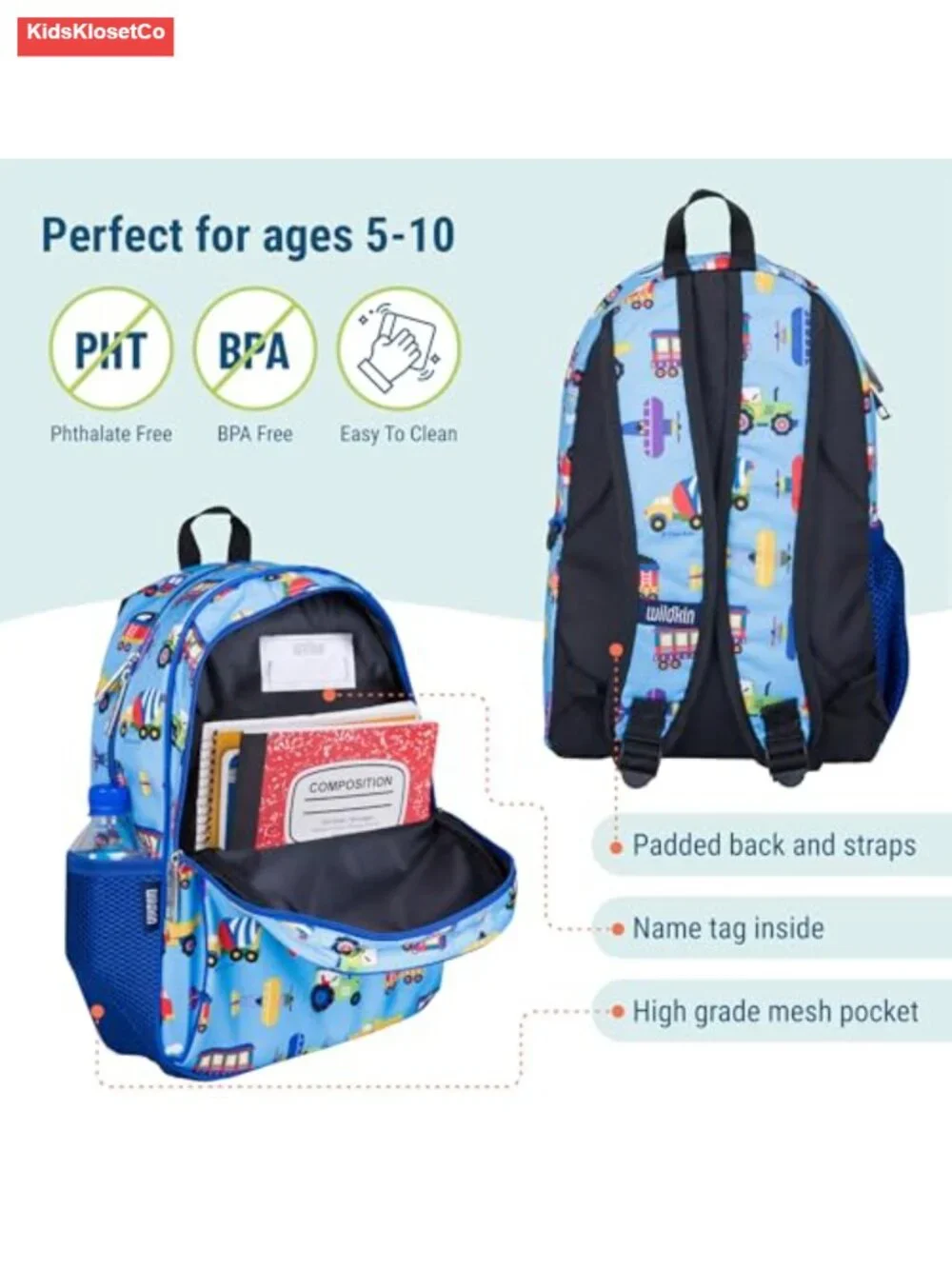 15 Inch Backpack for Kids, Trains, Planes, Trucks, Ages 5-10, Padded Straps
